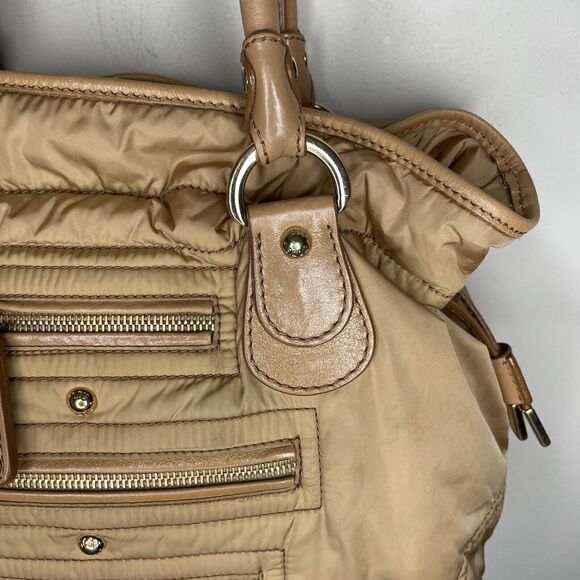 TODS Shoulder Bag Brown Nylon Leather Trimmed 3 Exterior Zip Pockets Tote - Picture 2 of 12